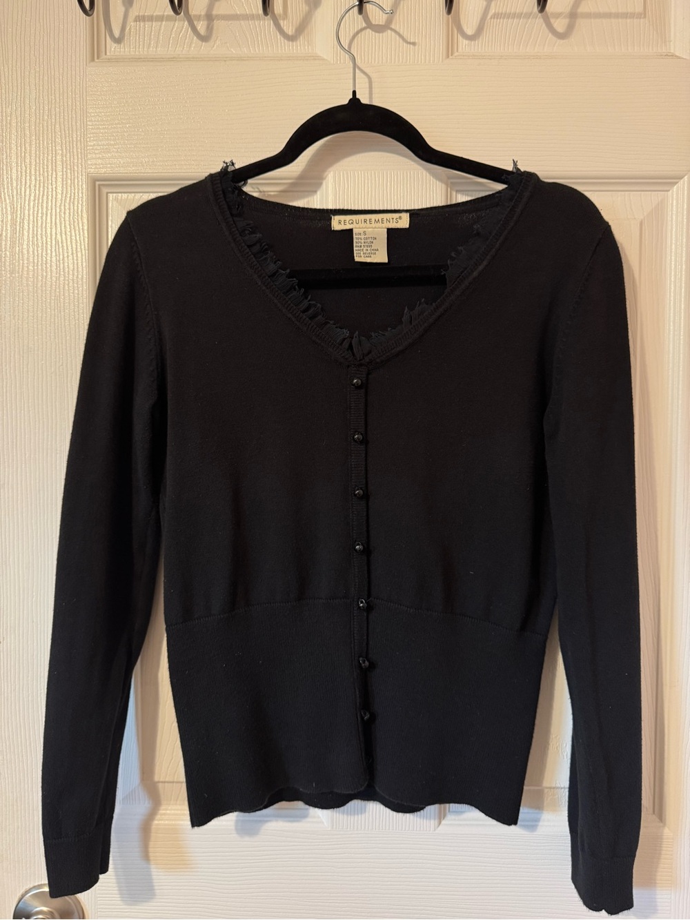 Requirements Black V-Neck Button-Front Sweater with Frayed Trim